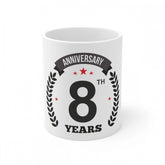 White ceramic 8th anniversary printed coffee mug (330ml) - perfect for commemorative beverages